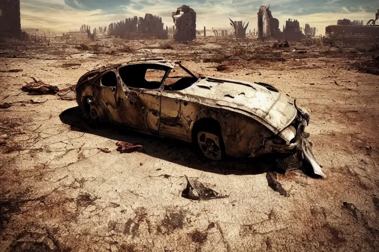 Prompt: intense sun desert landscape futuristic city ruins fallout post apocalyptic, car shell