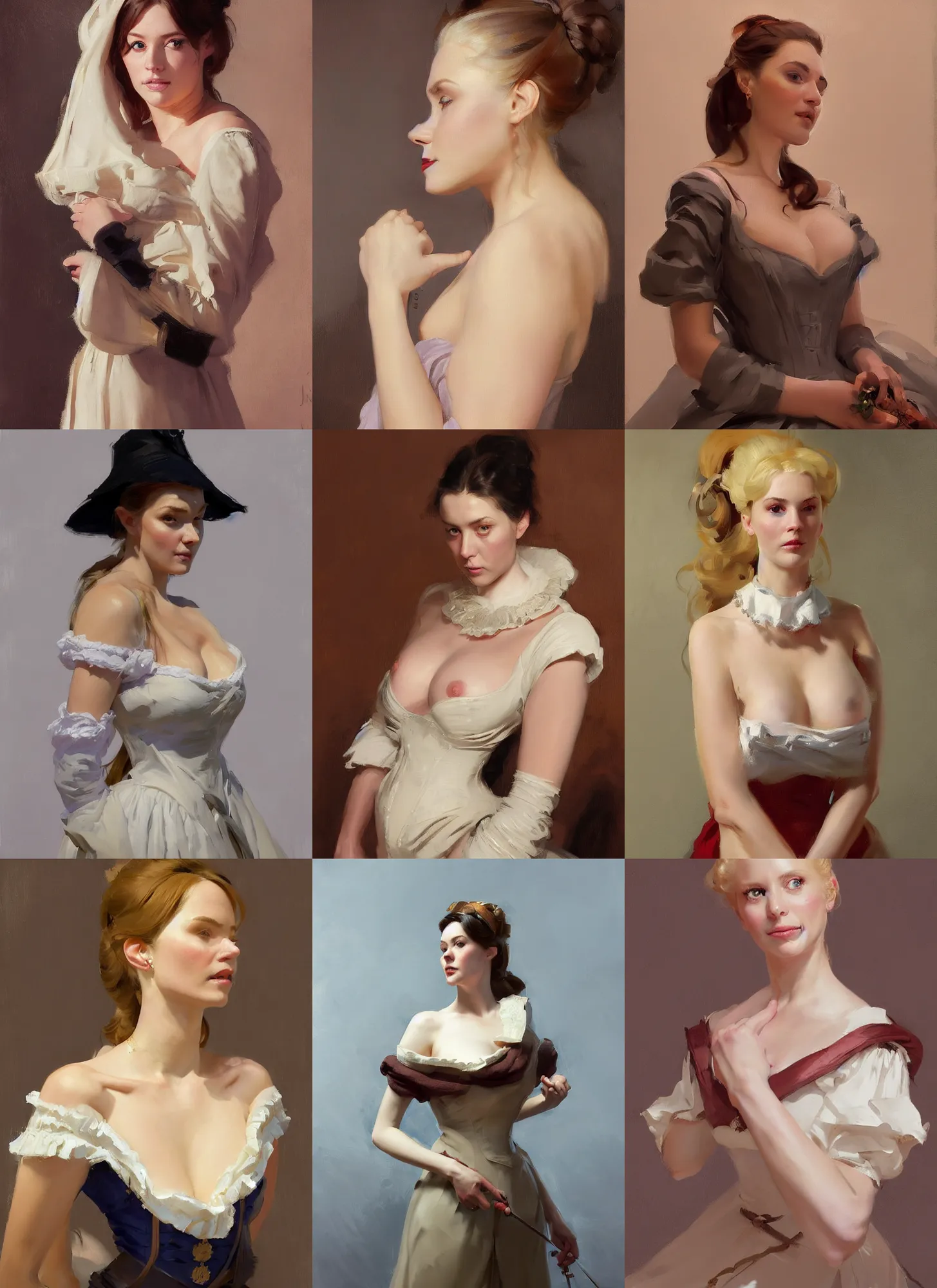 Image similar to portrait of a beautiful finnish norwegian swedish scandinavian attractive glamour model wearing 1 7 th century french off - the - shoulder neckline bodice with low neckline, jodhpurs greg manchess painting by sargent and leyendecker, studio ghibli fantasy medium shot asymmetrical intricate elegant matte painting illustration hearthstone, by greg rutkowski by greg tocchini by james gilleard