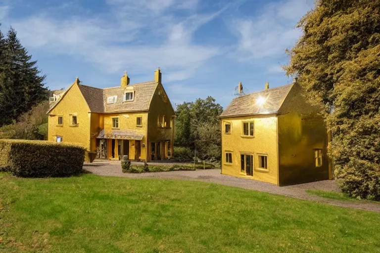 Prompt: an estate agent listing external photo of a golden 5 bedroom detached house, made of gold, metal, golden, sparkling, in the countryside, sunny day, clear skies, by Paul Lehr