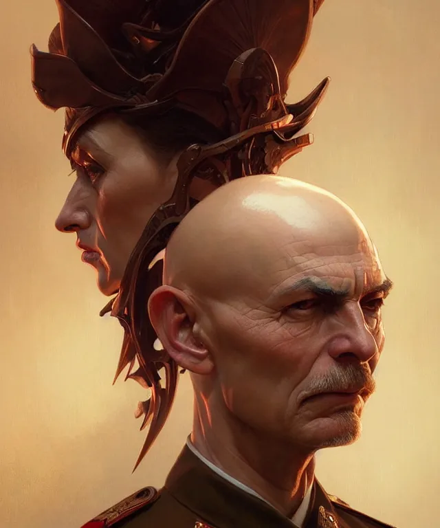 Image similar to a very angry bald general, portrait, intricate, elegant, highly detailed, digital painting, artstation, concept art, smooth, sharp focus, illustration, art by artgerm and greg rutkowski and alphonse mucha