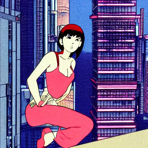 Prompt: Full body portrait of a young woman sitting on the ledge of a high rise building, cyberpunk, cel illustration, exquisitely detailed, Monkey Punch, Hayao Miyazaki, Kazuma Kaneko