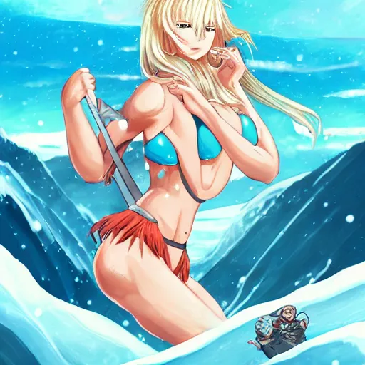 Image similar to bicolor - eyed blonde muscular anime girl warrior in bikini riding a polar bear in the snowy mountains background, digital painting, illustration by james jean and artgerm and mina petrovic and timothy kong and marina federovna, artstation