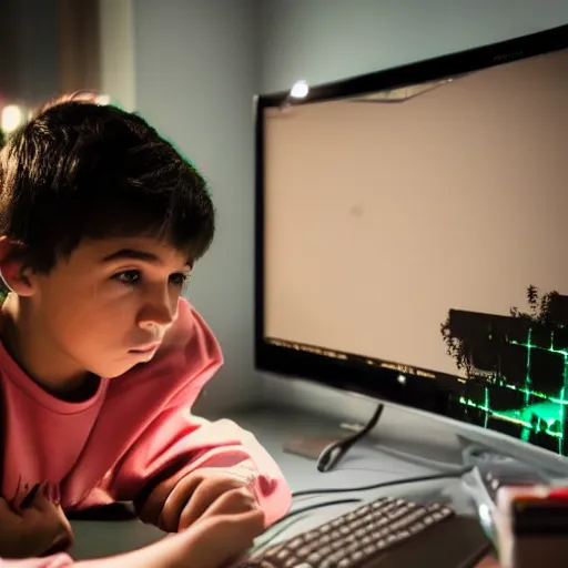 Prompt: a kid with eyes bulging staring at a bright computer screen at night playing minecraft