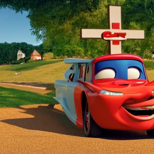 Image similar to jesus christ on the cross as a car, christian art, as a car from the movie pixar's cars 2,