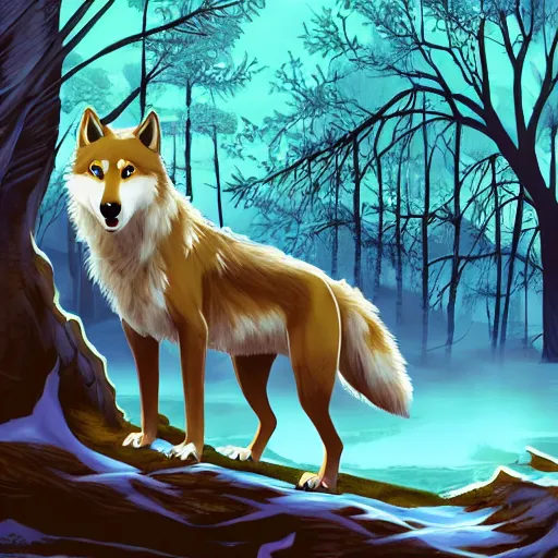 Image similar to scenic pictures with wolves, fursona, anime