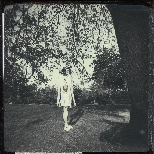 Image similar to Polaroid photo of a tall bipedal creature peering out from behind a tree