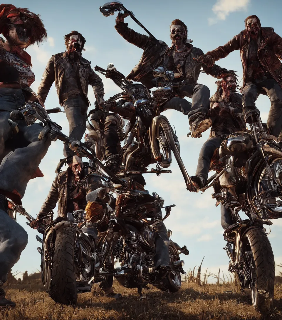 Image similar to hyper realistic undead outlaw bikers in epic focus, dramatic lighting, highly detailed, octane, unreal 5