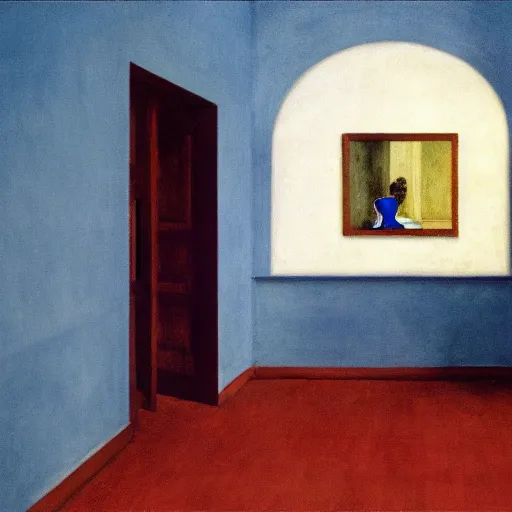 Prompt: a blue demon in an haunted liminal abandoned room, film still by edward hopper, by Pontormo, by klimt, pre-raphaelite. art noveau, art noveau, highly detailed, strong lights, liminal, eerie, Bright pastel colors