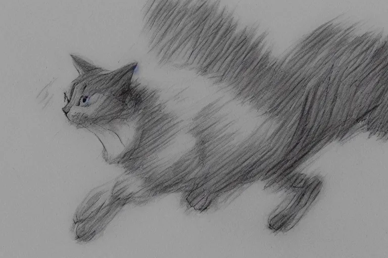 Prompt: a storyboard pencil sketch of a cat running through a forest, black and white, rough sketch with erased lines, trending on artstation