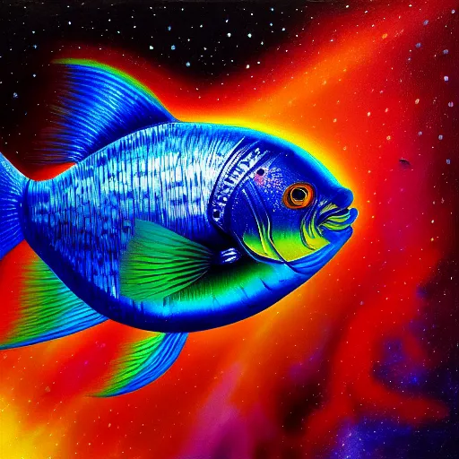 Prompt: portrait of rainbow fish in space, detailed realism face in painting, detailed beautiful portrait, oil painting masterpiece, 8 k resolution, smooth, sharp focus, trending on artstation, by rembrandt