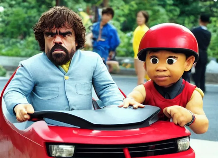 Image similar to peter dinklage racing gary coleman driving a little tikes cars in japan, movie still, from the new fast and furious movie, 8 k, realistic