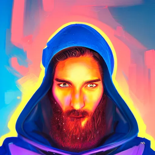 Image similar to a portrait of an ultradetailed futuristic male cyberpunk wearing a hoodie on his head, bearded, deep blue eyes, by dylan kowalski, 8 k, purple neon colours, digital painting