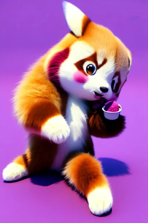 Image similar to high quality 3 d render hyperrealist very cute pastel fluffy! red panda & kaola hybrid eating giant ice cream full body, vray smooth, in the style of detective pikachu, hannah yata charlie immer, very dramatic violet light, low angle, uhd 8 k, shallow depth or field