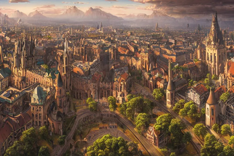 Prompt: an ultra detailed matte landscape painting of an german renaissance capital city built on top of a large hill with many tall spirally towers, sweeping vista, german renaissance architecture, ultrawide lens, aerial photography, 8 k, volumetric lighting, smooth, highly detailed, digital illustration, art by greg rutkowski and akira toriyama and artgerm