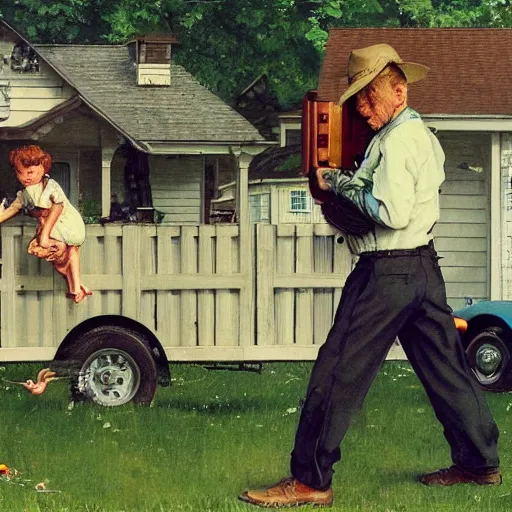 Prompt: a man is chasing away a stork. the stork is carrying a human baby. the man has a shotgun. they're in a trailer park. norman rockwell painting. highly detailed, high quality, 8 k, soft lighting, realistic face, path traced