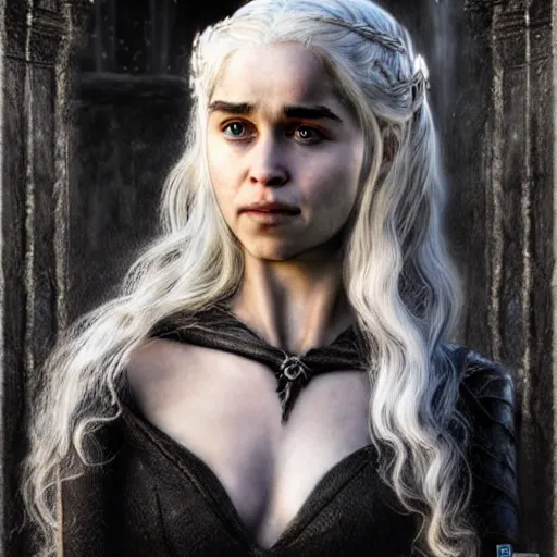 Prompt: digital matte painting of daenerys targaryen gothic, detailed face headshot dark dramatic mysterious style of luis royo, 8 0 mm camera, high detail, hd 8 k