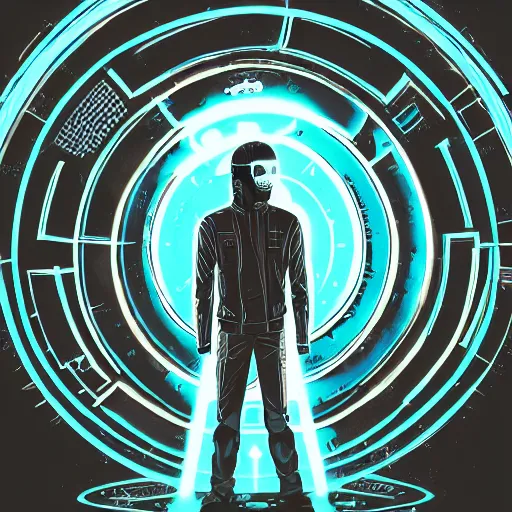 Image similar to in the style of max prentis and deathburger and laurie greasley a young man wearing a cyberpunk headpiece who is standing in front of a large circular ancient glowing portal, highly detailed, 8k wallpaper