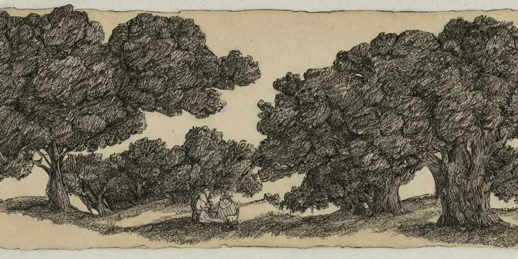 Image similar to a couple sits on a hill together as wind blows trees around, yellowed paper, pen and ink, 1 5 0 0 s, 8 k resolution