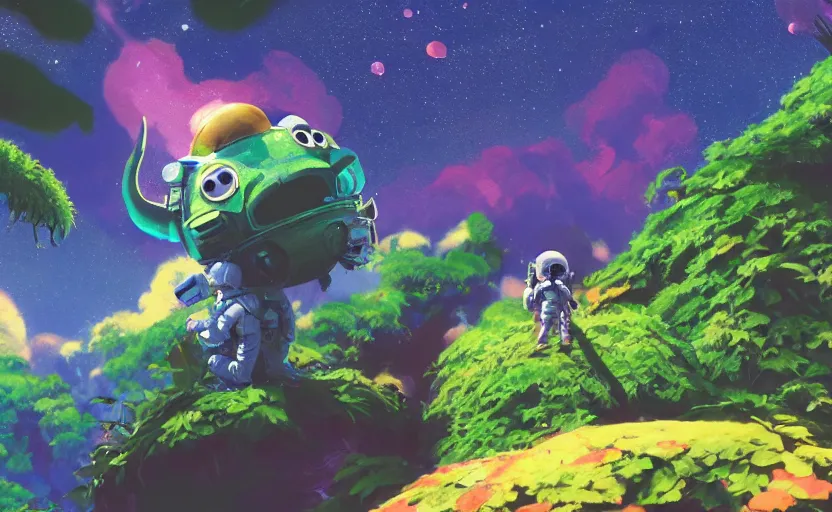 Image similar to a still of a cute adorable tiny astronaut, on a planet of lush colorful foliage, with an enormous kaiju dragon surrounding the full background, magical forest, sharp focus, neon backlit, highly detailed, disney pixar studio ghibli makoto shinkai, digital painting, matte, octane render, global illumination, iridescent, anime, 8 k concept art