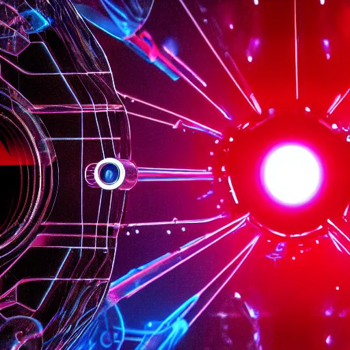 Prompt: a close up of a machine with a red light, a microscopic photo by niels lergaard, shutterstock contest winner, holography, quantum wavetracing, hard hadrom collider, vacuum chamber, higgs boson, anamorphic lens flare, ray tracing