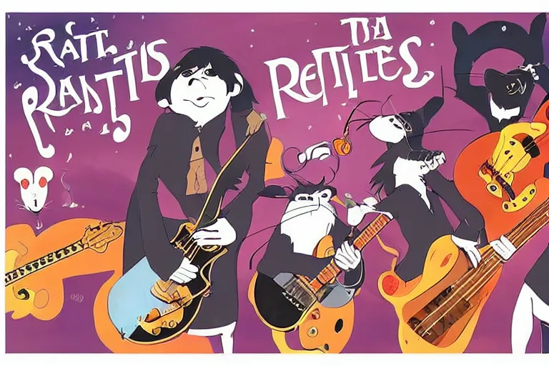 Image similar to rats playing in a rock band inspired by the beatles, art style by disney, studio ghibli, pixar, intricated, beautiful, dreamlike, 7 0 s pallete, high quality, trending on artstation