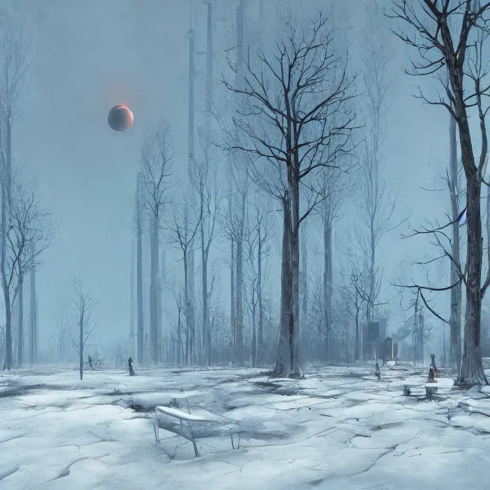 Prompt: a beautiful painting of winter in pripyat by simon stalenhag and zdzisław beksinski and rene magritte and greg rutkowski, in style of digital art. hyper detailed, sharp focus, soft light. unreal engine 5. ray tracing. trending on artstation