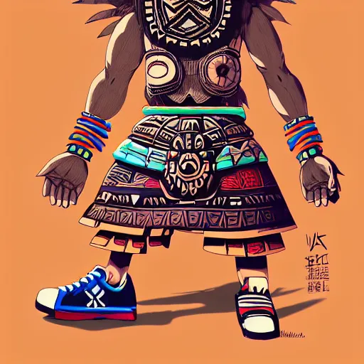 Image similar to detailed sneaker design concept art, aztec mayan street fashion native punk sneaker design, majora's mask, wearing wooden mask, hip hop sneaker design with subtle mayan patterns, gapmoe yandere grimdark, trending on pixiv fanbox, painted by greg rutkowski makoto shinkai takashi takeuchi studio ghibli, akihiko yoshida