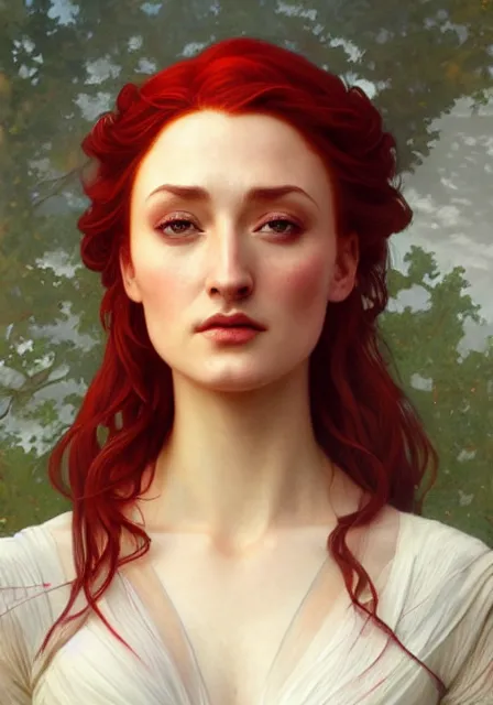 Image similar to portrait of red sansa stark, intricate, elegant, highly detailed, digital painting, artstation, concept art, smooth, sharp focus, illustration, art by artgerm and greg rutkowski and alphonse mucha and william - adolphe bouguereau