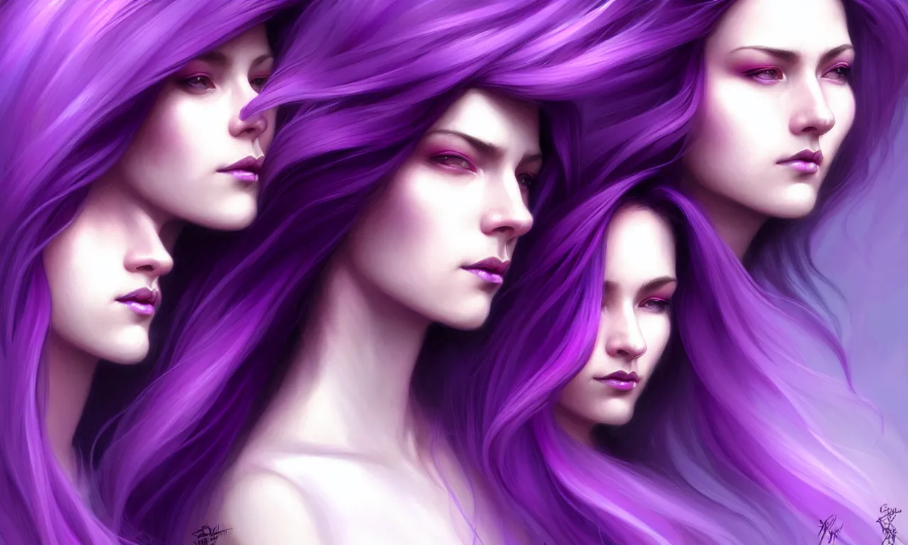 Image similar to Purple hair relistic Portrait of a two woman with bright colored flying hair, all shades of purple. Beauty face, Hair coloring, fantasy, intricate, elegant, highly detailed, digital painting, artstation, concept art, smooth, sharp focus, illustration, art by artgerm and greg rutkowski and alphonse mucha