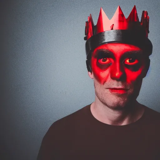 Image similar to man with a crown, smirk, photograph, black backgrounds, glowing red eyes, cyberpunk