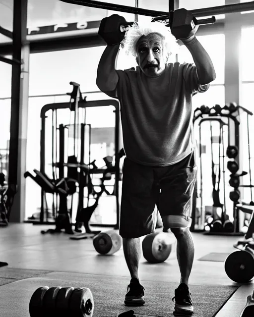 Image similar to a portrait of albert einstein working out at the gym, highly detailed, trending on artstation, bokeh, 9 0 mm, f / 1. 4