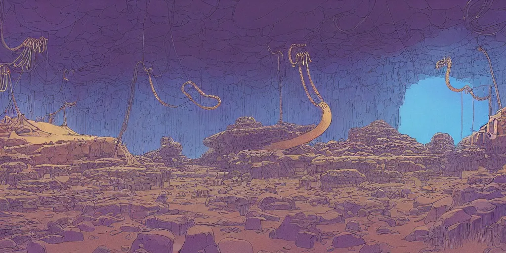 Prompt: vast natural cave with bizarre creatures in huge experimental tanks , cables hanging from ceiling, thick cables on ground, ground perspective, computer screens, neons, top light , epic scene, 8k, illustration, art by ghibli moebius, comics art