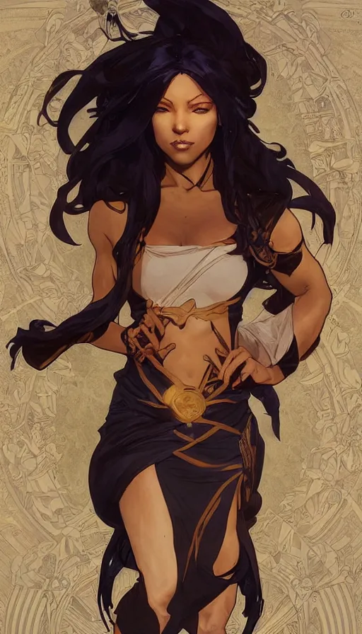 Prompt: yoruichi shihouin by artgerm, greg rutkowski and alphonse mucha, concept art, matte, intricate, full body, epic composition