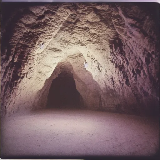 Prompt: inside a massive cave with a dark dropoff, megalophobia, old polaroid, expired film,