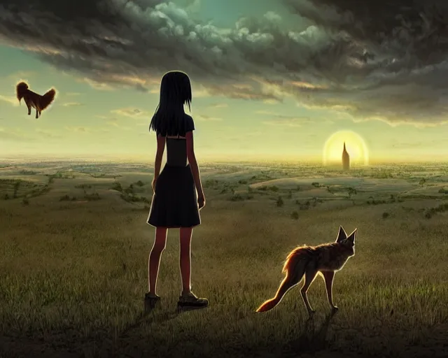 Prompt: a single coyote warns a single innocent black haired girl of quantum apocalyse. intricate, 8 k detail, animation cinematic, anime, matte sharp painting, pastoral backyard setting, city view in the distance, ultrafine hyperdetailed illustration, pop art