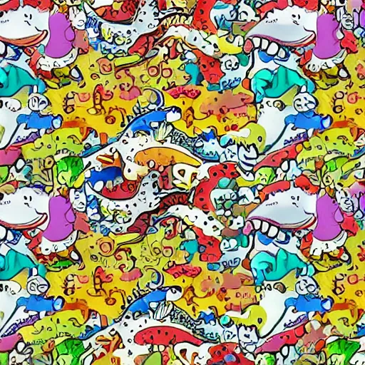 Image similar to a colourful dinosaur pattern with tyrannosaurus rex, spinosaurus, mosasaurus and velociraptor in the style of takashi murakami, anime, fine detail, digital art, high resolution