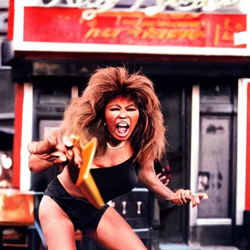 Prompt: Tina turner angry tossing tables in a bar, drinks falling to the floor, people running out the front door, Realistic photograph