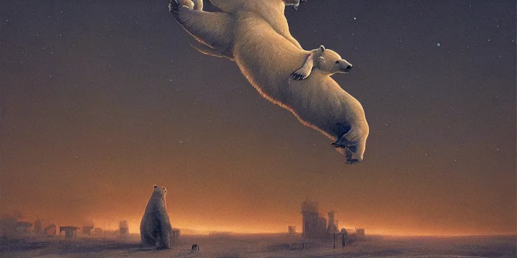 Image similar to Polar bear flying in the night sky above a warmly lit farm town , size difference, Zdzislaw Beksinski, Wayne Barlowe, (H.R giger), gothic, biomorphic, amazing details, dystopian, surrealism, cold hue's, warm tone gradient background