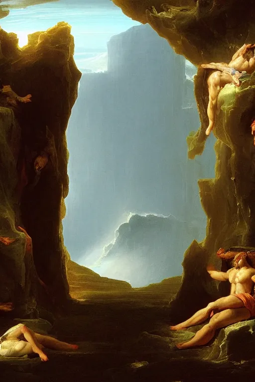 Prompt: the great door of hell, intrincate details, flesh and blood, painted by thomas cole