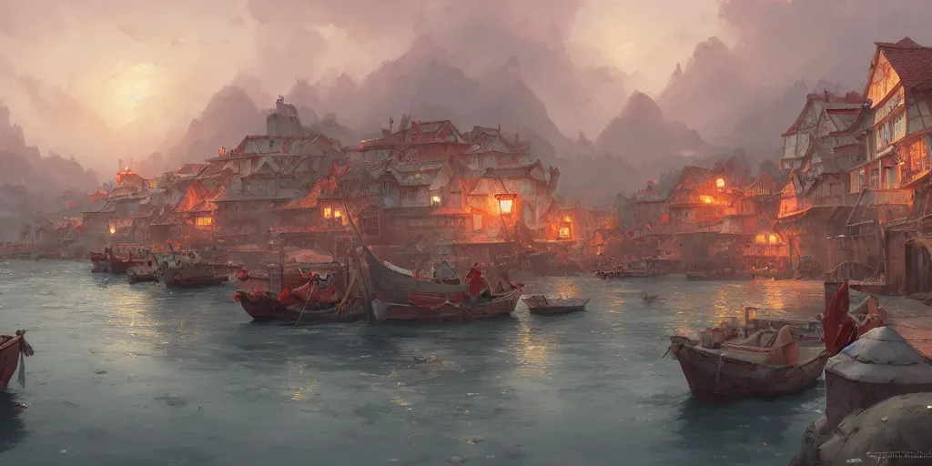 Image similar to Cozy small city on a cape, red roofs, fishing boats. In style of Greg Rutkowski, Jesper Ejsing, Makoto Shinkai, trending on ArtStation, fantasy, great composition, concept art, highly detailed, scenery, 8K, Behance.
