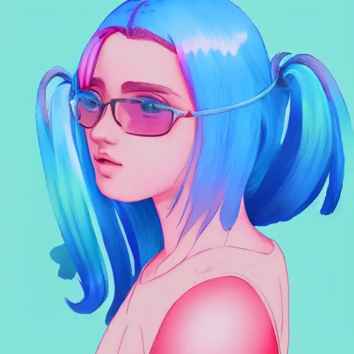 Prompt: girl with blue hair, lesbian cottagecore, pink gradient background, detailed digital art, trending on artstation