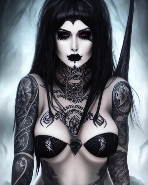 Image similar to portrait of beautiful fully tattooed goth girl cosplay with black hair, black makeup, bikini armor, art by stanley lau and artgem and wlop and magali villeneuve