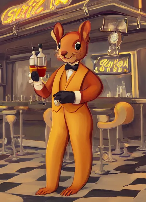 Image similar to squirrel anthro as a dapper bartender with a big fluffy tail, retro futurism, art deco, detailed painterly art style, 🐿🍸🍋, furaffinity, trending on artstation