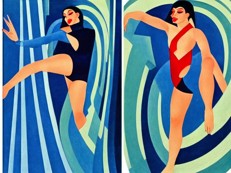 Prompt: Kylie Jenner defying gravity Dynamic movement bouncing Kylie Jenner in the art style of italian futurist Giacomo Balla and Jean Metzinger