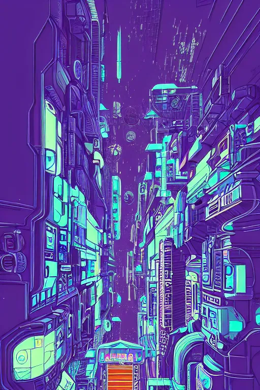 Image similar to astronaut cyberpunk surreal upside down city, neon lights, sharp edges, flat colors, cell shaded by moebius, Jean Giraud, trending on artstation