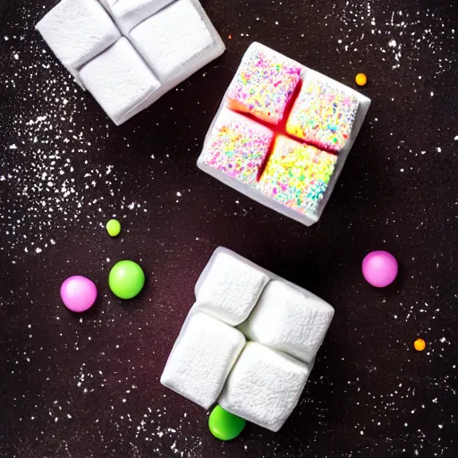 Image similar to photograph of delicious fluffy marshmallow cube with sprinkles on a dark wooden chopping board, pastel colours, professional food photography, photorealistic, depth of field, 4 k, canon 1 d, bohek