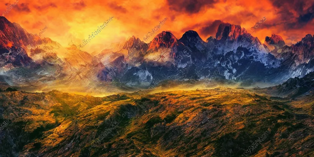 Prompt: beautiful mountain landscape celestial sunset, photorealistic, 8k, high detail, high definition,