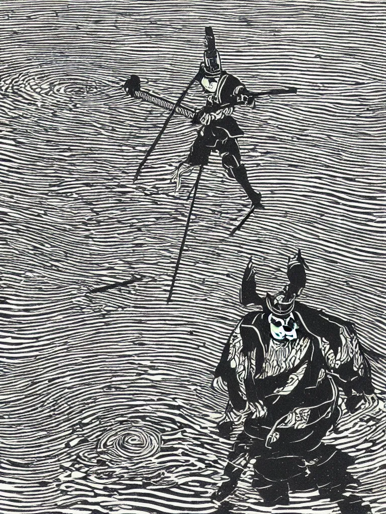 Image similar to old printmaking woodblock print of a samurai (in the middle of the composition, centered) with a katana standing in water with ripples around him, a big sun above. beautiful dark fantasy, 8k detail