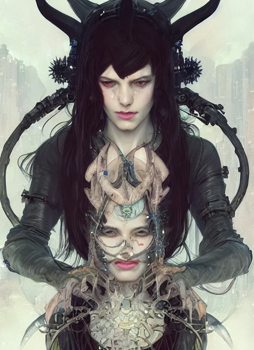 Image similar to a beautiful illustration of a cyberpunk witch with horns in head, intricate, sharp focus, illustration, highly detailed, digital painting, concept art, matte, art by wlop and artgerm and greg rutkowski and alphonse mucha, masterpiece