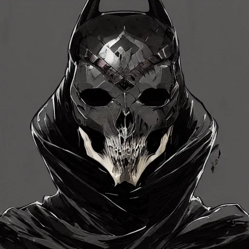 Image similar to portrait of a character wearing a black cloak, with a white mask in the shape of an animal skull, the mask covers her entire face, dramatic lighting, illustration by Greg rutkowski, yoji shinkawa, 4k, digital art, concept art, trending on artstation